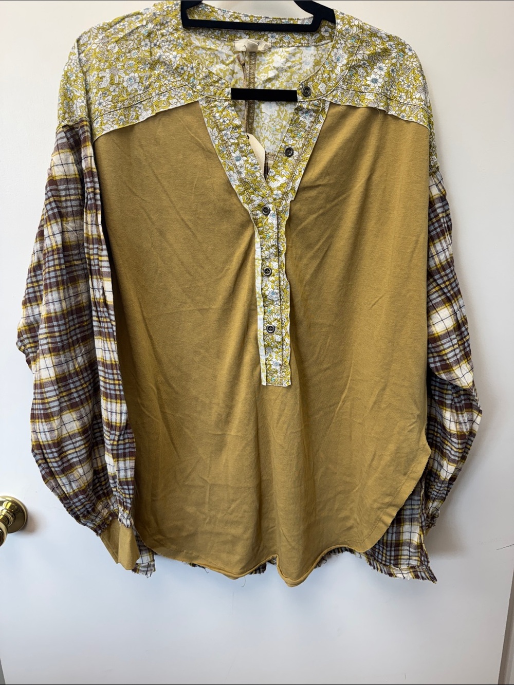 Mixed-Print Mustard Henley Blouse with Plaid Sleeves